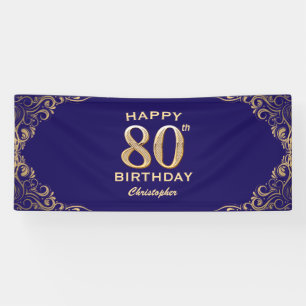 80th Birthday Party Navy Blue and Gold Glitter Banner