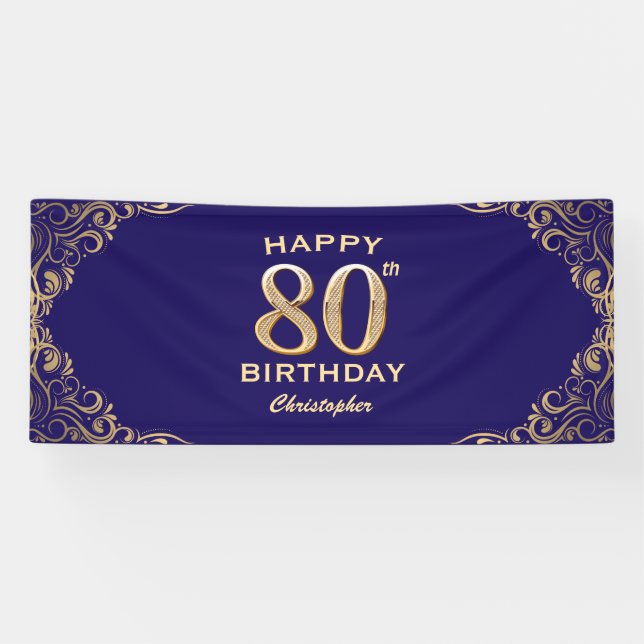 80th Birthday Party Navy Blue and Gold Glitter Banner (Horizontal)
