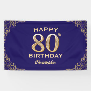 80th Birthday Party Navy Blue and Gold Glitter Banner