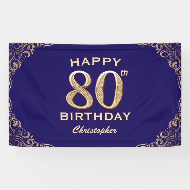 80th Birthday Party Navy Blue and Gold Glitter Banner (Horizontal)