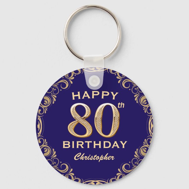 80th Birthday Party Navy Blue and Gold Glitter Key Ring (Front)