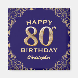 80th Birthday Party Navy Blue and Gold Glitter Magnet