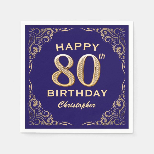 80th Birthday Party Navy Blue and Gold Glitter Napkin (Front)