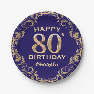 80th Birthday Party Navy Blue and Gold Glitter Paper Plate