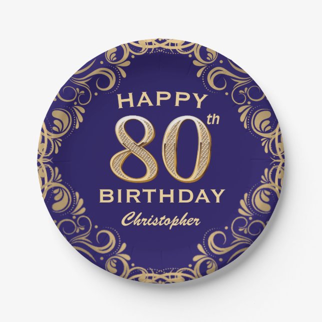 80th Birthday Party Navy Blue and Gold Glitter Paper Plate (Front)