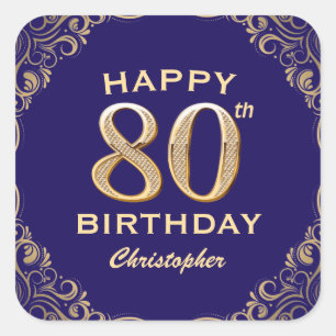 80th Birthday Party Navy Blue and Gold Glitter Square Sticker