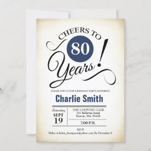 80th Birthday Party - Navy Blue Black White Invitation