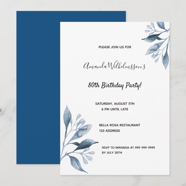 80th birthday party navy blue florals botanical invitation (Front/Back)