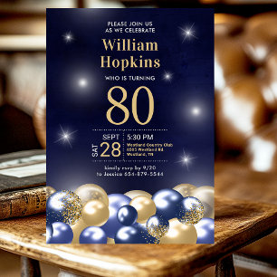 80th Birthday Party Navy Blue Gold Balloons Invitation