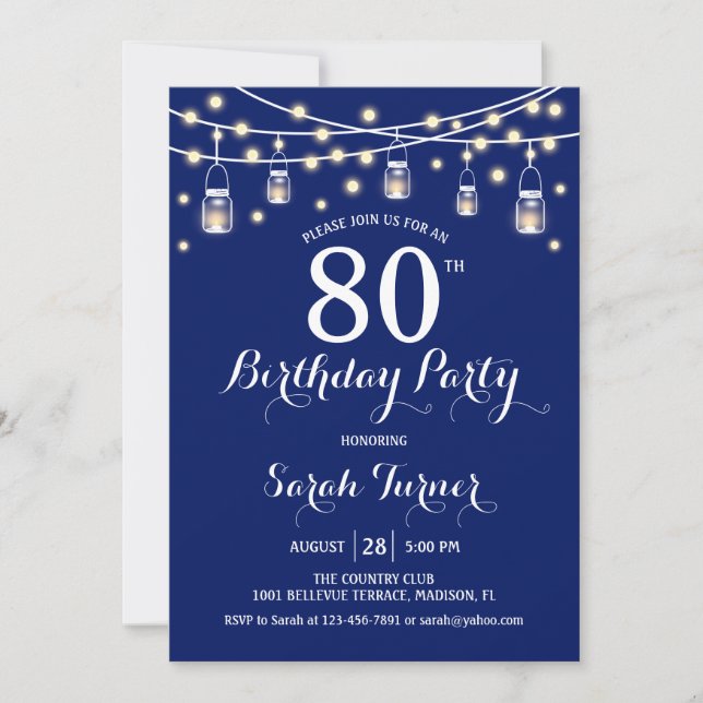 80th Birthday Party - Navy Blue Invitation (Front)