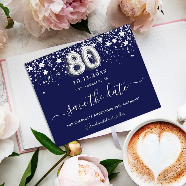  80th birthday party navy blue stars save the date announcement postcard (Creator Uploaded)
