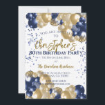 80th Birthday Party Navy Gold Balloons Invitation<br><div class="desc">A gorgeous 80th birthday party or celebration invitation.
A fabulous navy blue and gold balloons design with lots of space for your party details - perfect to announce a celebration for an eightieth party. Stylish flat card invitation.</div>