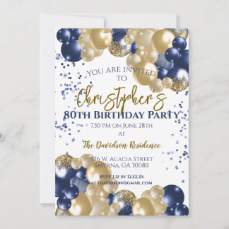 80th Birthday Party Navy Gold Balloons Invitation