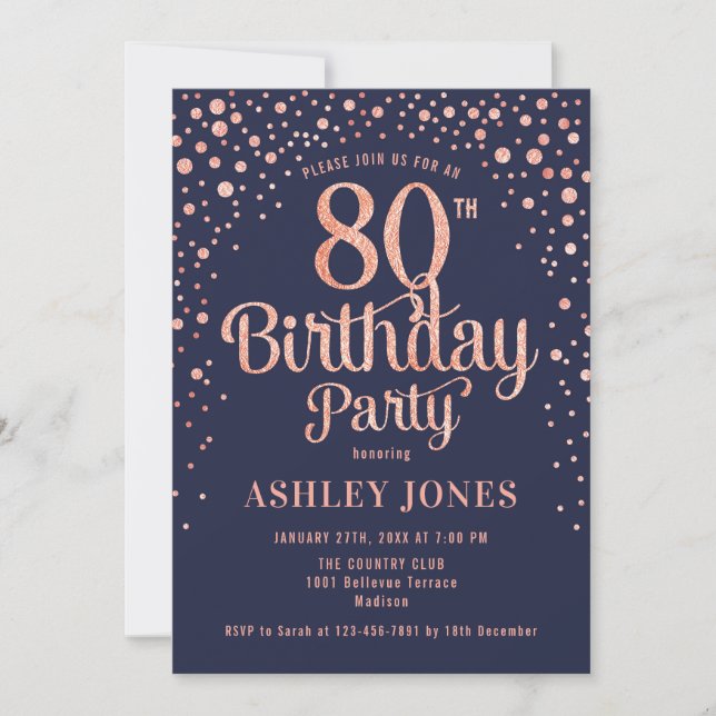 80th Birthday Party - Navy & Rose Gold Invitation (Front)