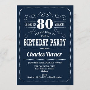 80th Birthday Party - Navy White Invitation