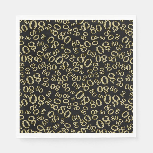 80th Birthday Party Number Pattern Black/Gold Napkin (Front)