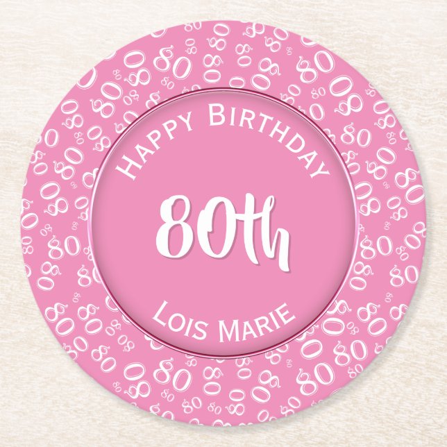 80th Birthday Party Number Pattern Pink and White Round Paper Coaster (Front)