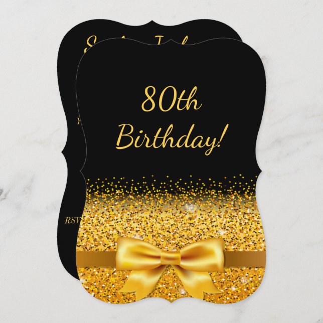 80th birthday party on black with gold bow glam invitation (Front/Back)