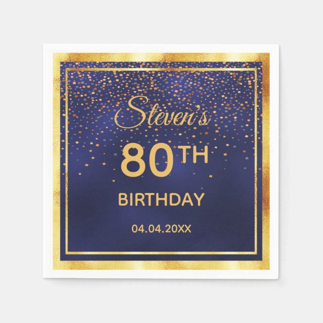 80th birthday party on midnight blue gold confetti napkin (Front)