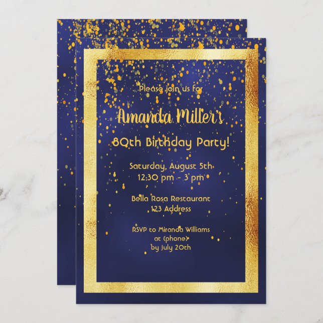 80th birthday party on midnight blue gold frame invitation (Front/Back)