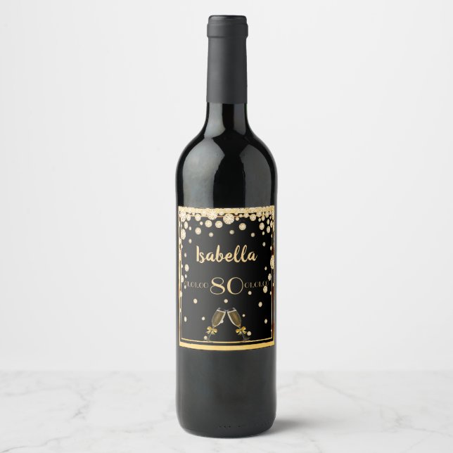 80th birthday party on stylish black gold diamonds wine label (Front)