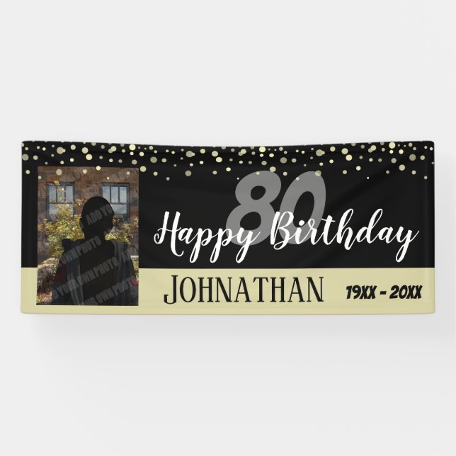 80th Birthday Party One Photo with Confetti Banner (Horizontal)