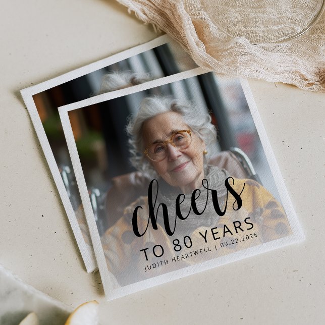 80th Birthday Party Photo Black Script Cheers Napkin (Creator Uploaded)