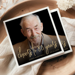 80th Birthday Party Photo Cheers Gold Script Napkin