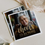 80th Birthday Party Photo Cheers Napkin<br><div class="desc">This custom 80th birthday napkin features the guest of honour's personalised photo,  name,  and birthday,  along with the word "Cheers" in elegant gold-coloured calligraphy script. A dark screen helps make the text pop. A great way to celebrate someone who's turning eighty!</div>