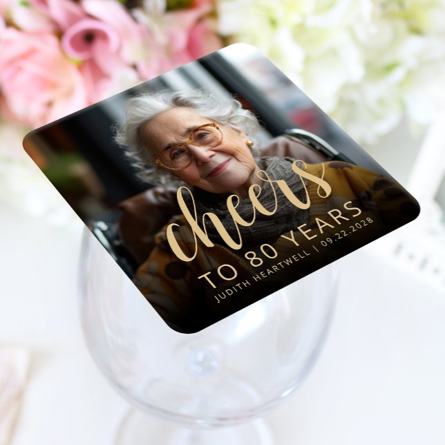 80th Birthday Party Photo Cheers Square Paper Coaster (Creator Uploaded)