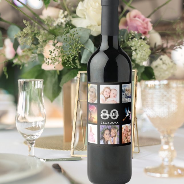 80th birthday party photo collage black wine label (Creator Uploaded)