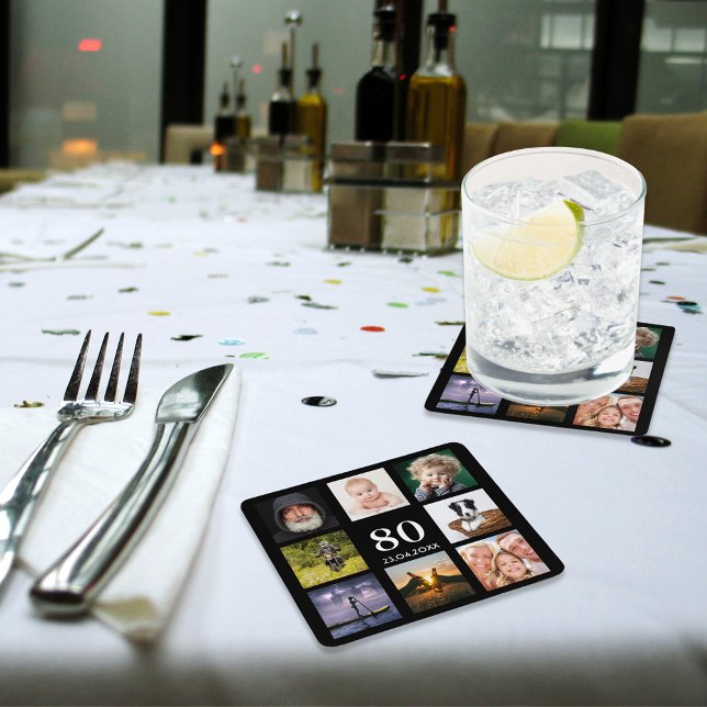 80th birthday party photo collage guy black square paper coaster (Creator Uploaded)