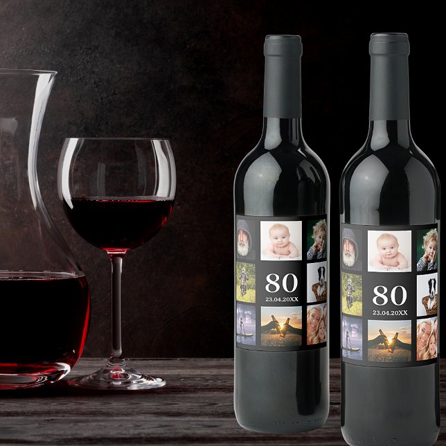 80th birthday party photo collage guy black wine label (Creator Uploaded)