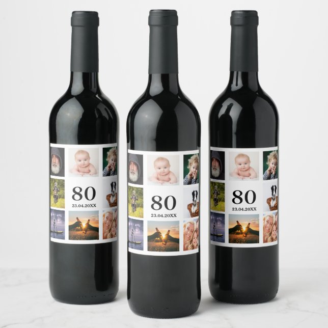 80th birthday party photo collage guy wine label (Bottles)