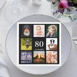 80th birthday party photo collage guys black napkin<br><div class="desc">A paper napkin for a 80th birthday party for a guy,  celebrating his life with a collage of 8 of your own photos.  Templates for the age 80 and a date.  Date of birth or the date of the party.  White colored letters.  Black background.</div>