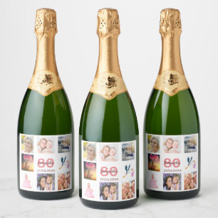 80th birthday party photo collage name white sparkling wine label
