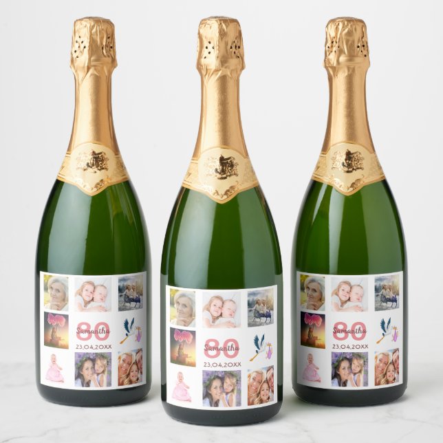 80th birthday party photo collage name white sparkling wine label (Bottles)