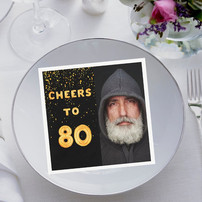 80th birthday party photo gold balloons black napkin (Creator Uploaded)