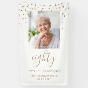 80th Birthday Party Photo Gold Confetti White Banner