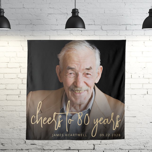 80th Birthday Party Photo Gold Script Cheers Tapestry (Creator Uploaded)