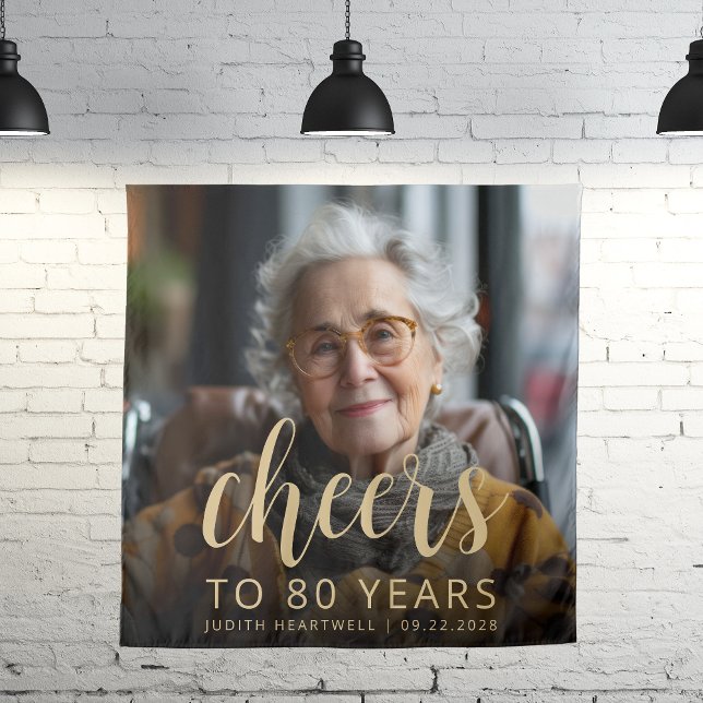 80th Birthday Party Photo Gold Script Cheers Tapestry (Creator Uploaded)