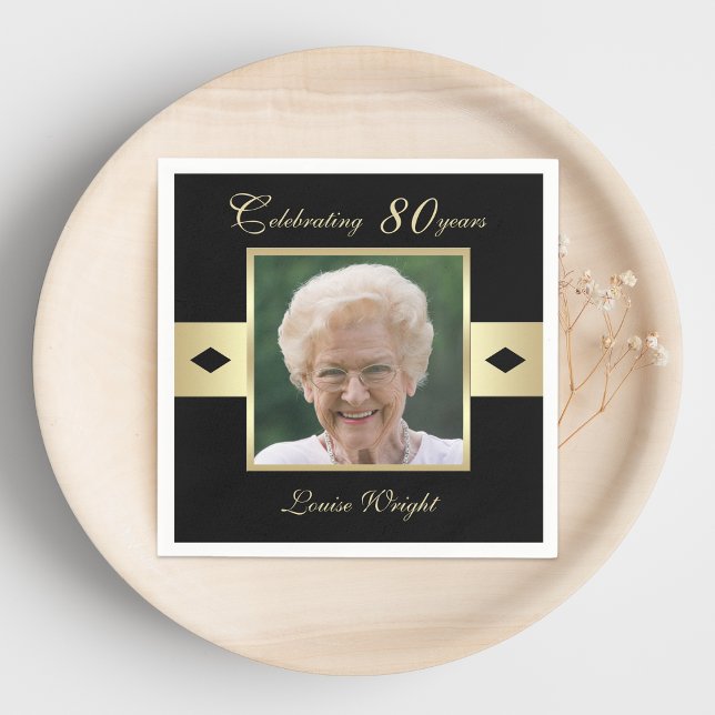 80th Birthday Party Photo on Black Paper Napkin (Creator Uploaded)