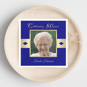 80th Birthday Party Photo on Navy Blue Paper Napkin