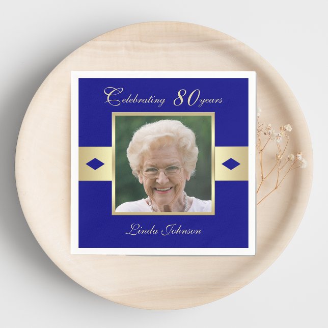80th Birthday Party Photo on Navy Blue Paper Napkin (Creator Uploaded)