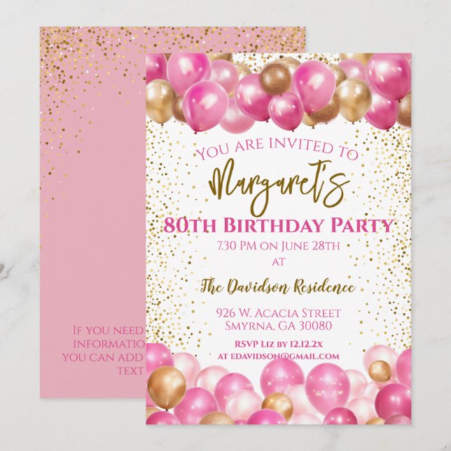 80th Birthday Party Pink Balloons Invitation (Front/Back)