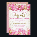 80th Birthday Party Pink Balloons Invitation<br><div class="desc">A gorgeous 80th birthday party or celebration invitation.
A fabulous pink and gold balloons design with lots of space for your party details - perfect to announce a celebration for an eightieth party. Stylish flat card invitation.</div>