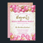 80th Birthday Party Pink Balloons Invitation<br><div class="desc">A gorgeous 80th birthday party or celebration invitation.
A fabulous pink and gold balloons design with lots of space for your party details - perfect to announce a celebration for an eightieth party. Stylish flat card invitation.</div>