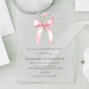 80th Birthday Party Pink Coquette Bow Wildflower Acrylic Invitations