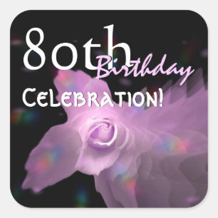 80th Birthday Party Pink Dancing Butterfly Rose Square Sticker