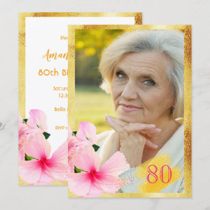 80th birthday party pink floral white photo invitation